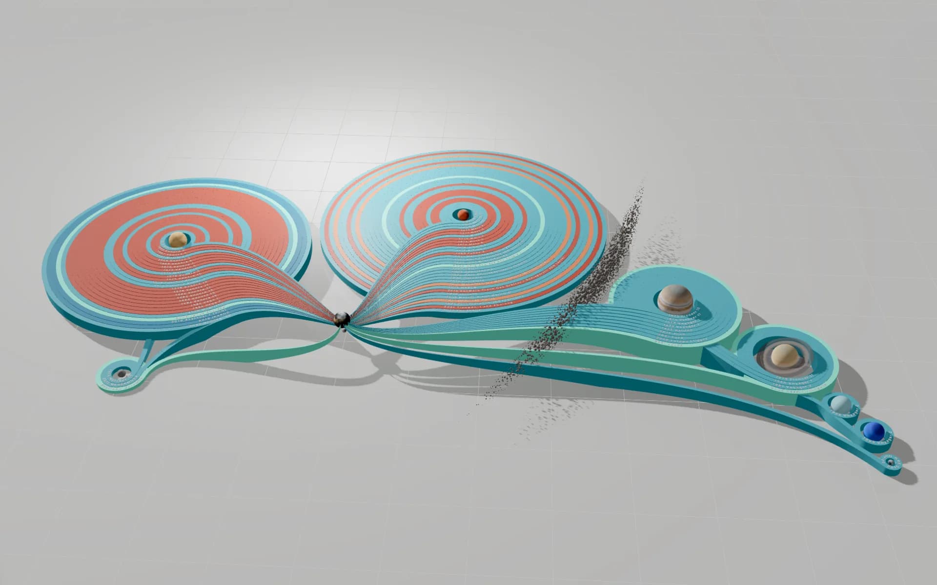 Coloured ribbons fan out from Earth and coil around Venus and Mars, one ring per mission, labelled by year