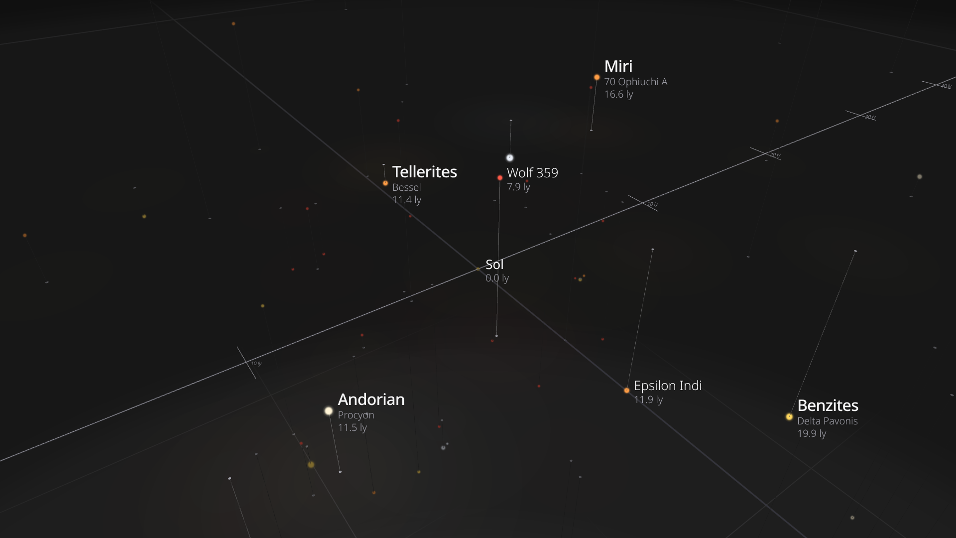 The 3D star map with the Star Trek filter on: Sol, Wolf 359, the Tellerites at Bessel, the Andorians at Procyon